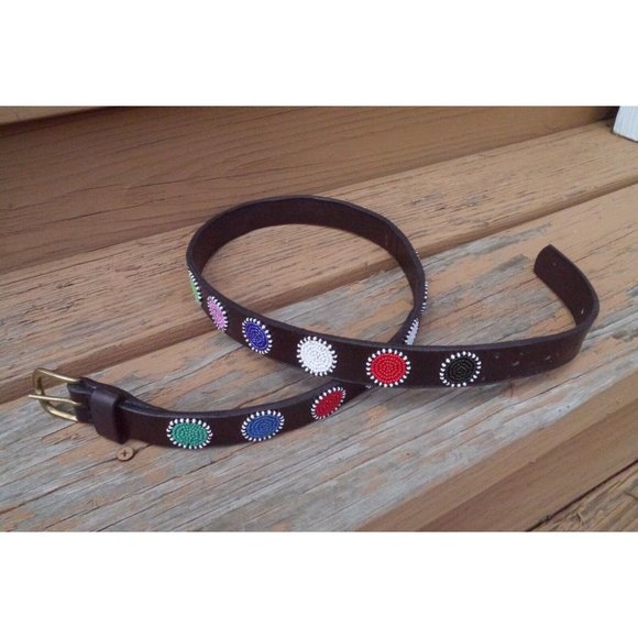 Belt Beaded Circles Handmade Masaai Maasai Masai leather Sz 35 (34\